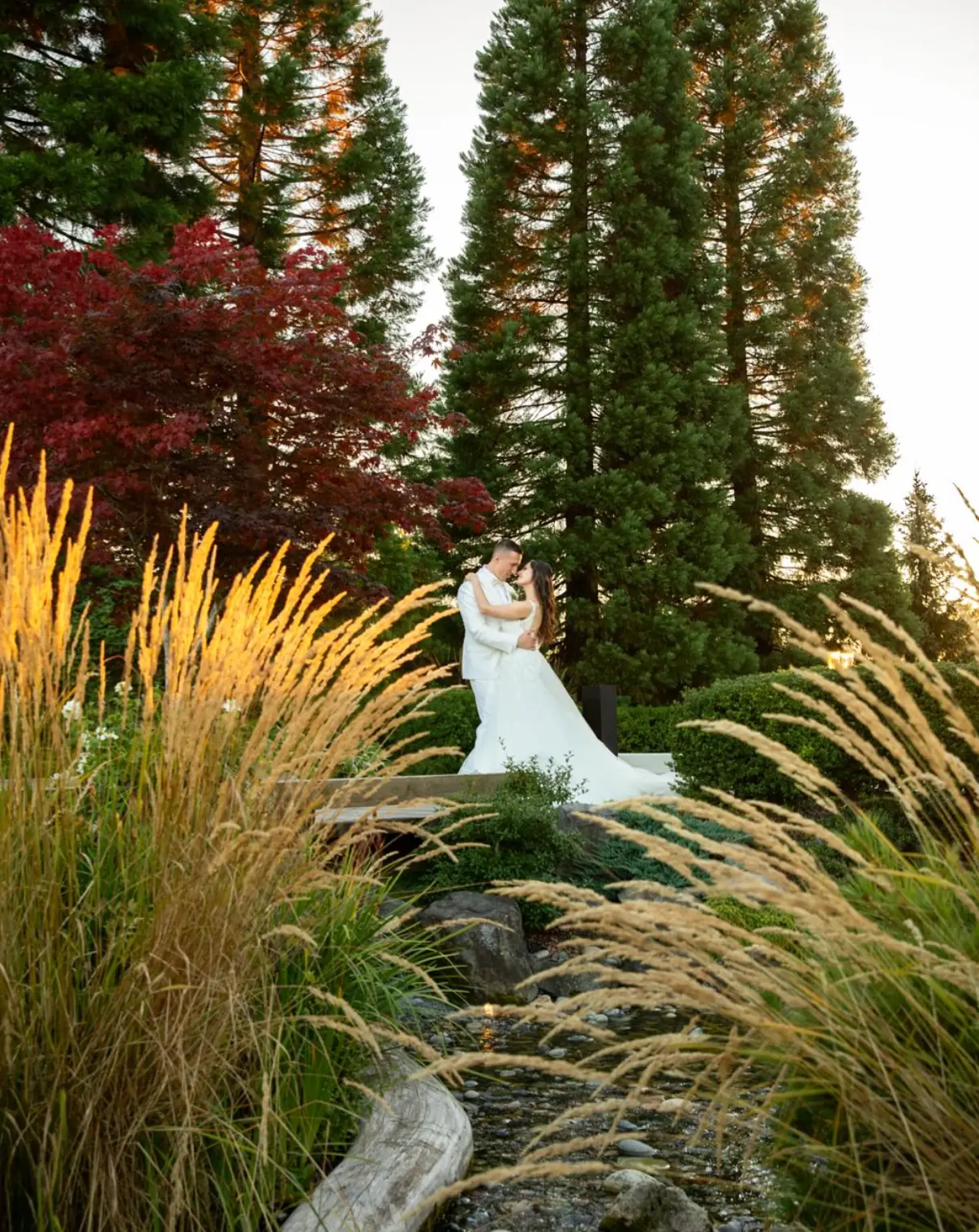 A Cande Bridal Boutique bride standing in a garden on her wedding day, photographed from a distance