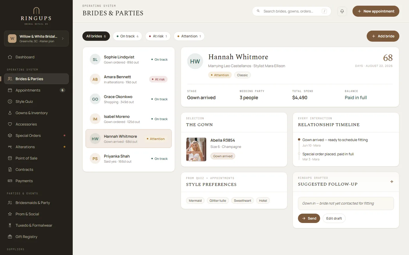 The RingUps Brides & Parties screen: a list of brides tagged on track, at risk or attention, and an open record for a bride showing her gown, wedding party, total spend, balance and relationship timeline, with a suggested follow-up message drafted and ready to send