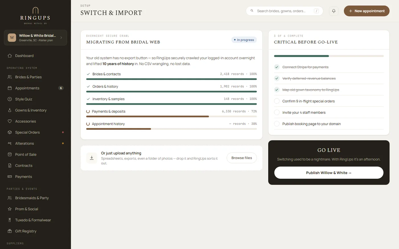 RingUps import screen listing an Orders batch and a Payments batch, each showing rows imported and rows skipped, with a roll back this batch control